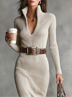Rivana | Ribbed V-Neck Midi Dress