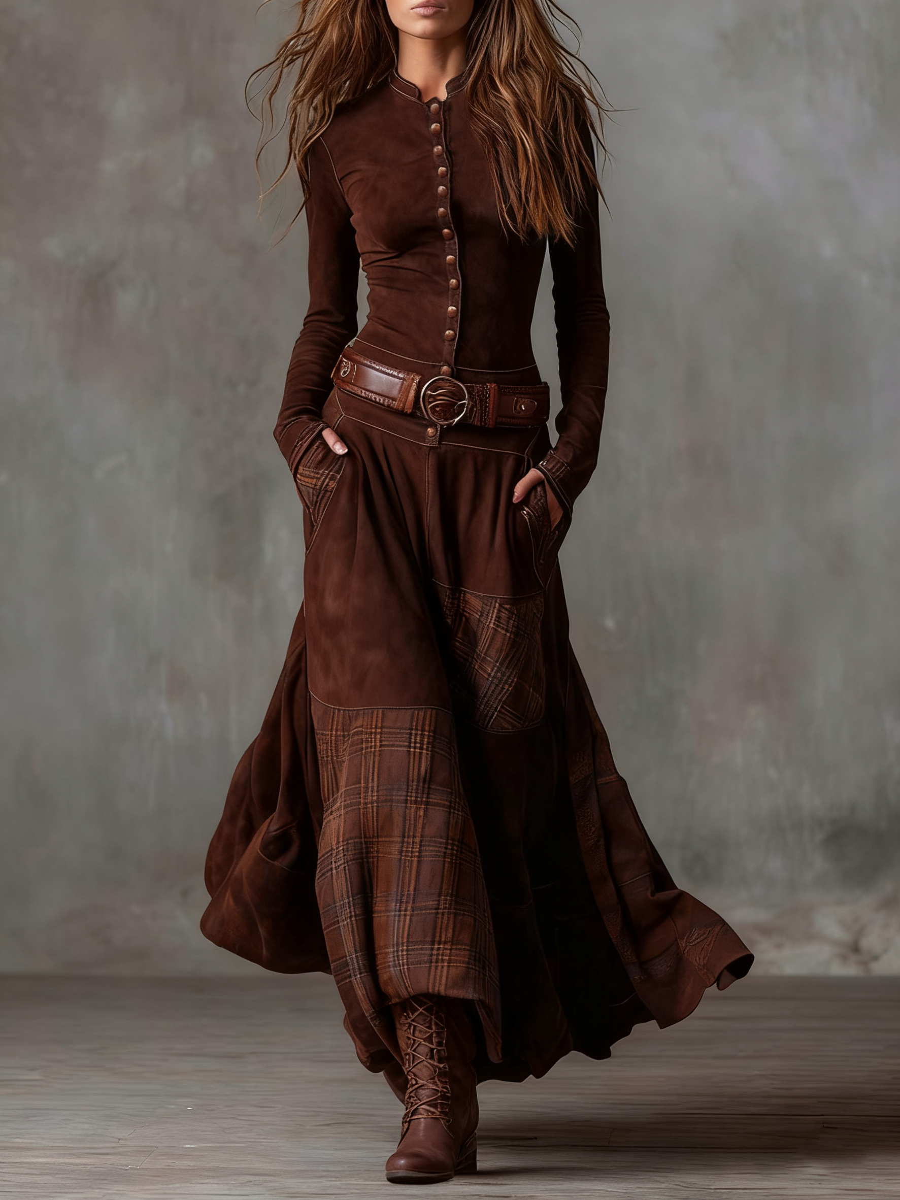 Avery™ Plaid Paneled Vintage Suede Maxi Dress