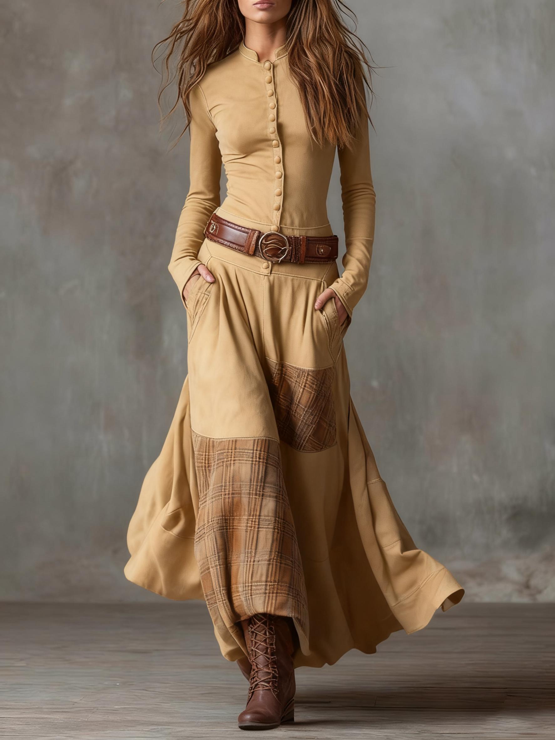 Avery™ Plaid Paneled Vintage Suede Maxi Dress