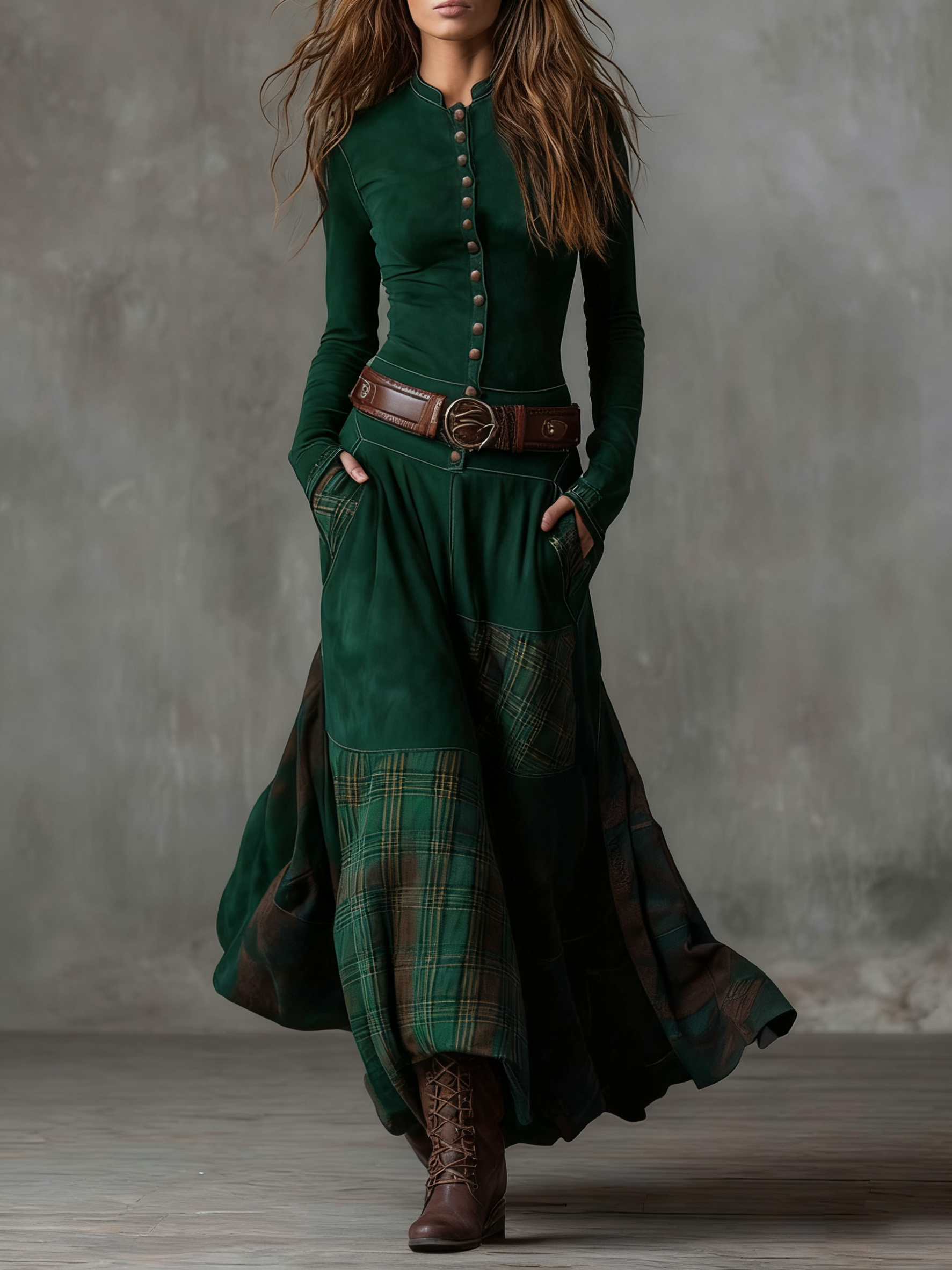 Avery™ Plaid Paneled Vintage Suede Maxi Dress