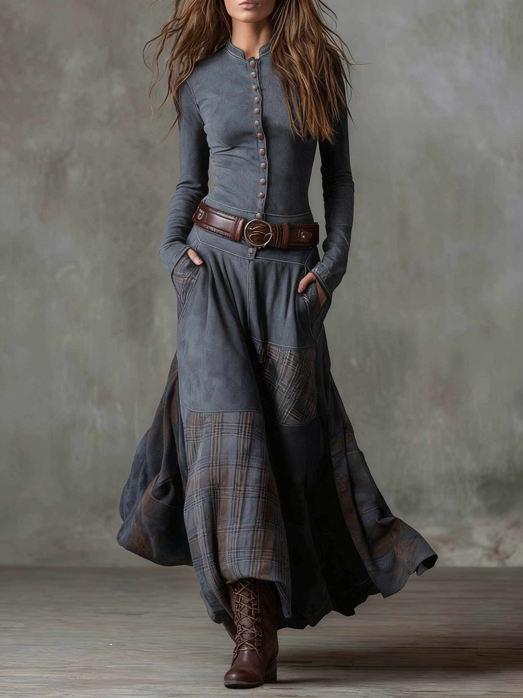 Avery™ Plaid Paneled Vintage Suede Maxi Dress
