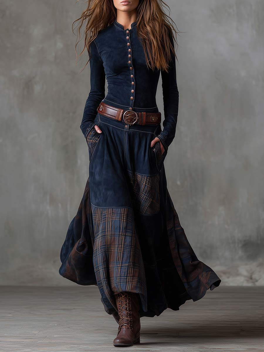 Avery™ Plaid Paneled Vintage Suede Maxi Dress