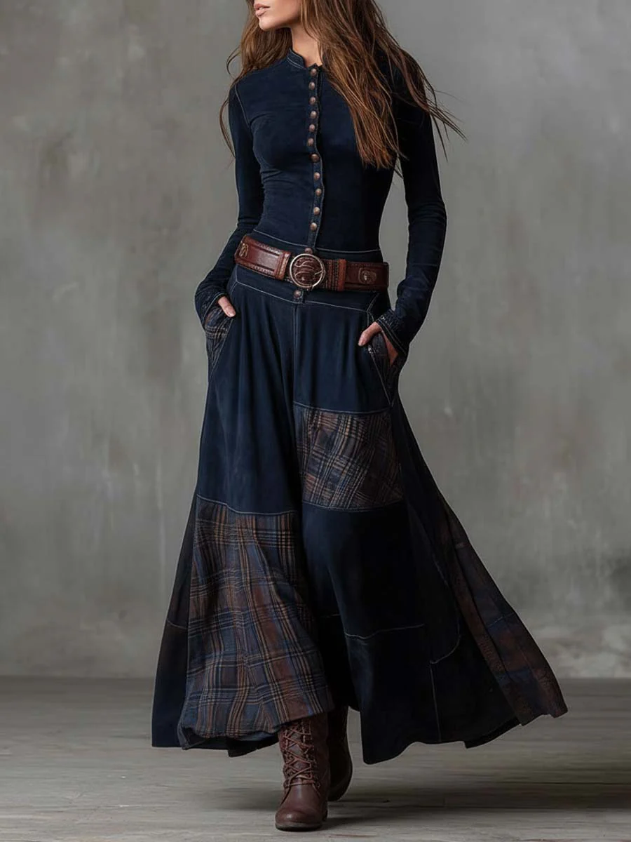 Avery™ Plaid Paneled Vintage Suede Maxi Dress